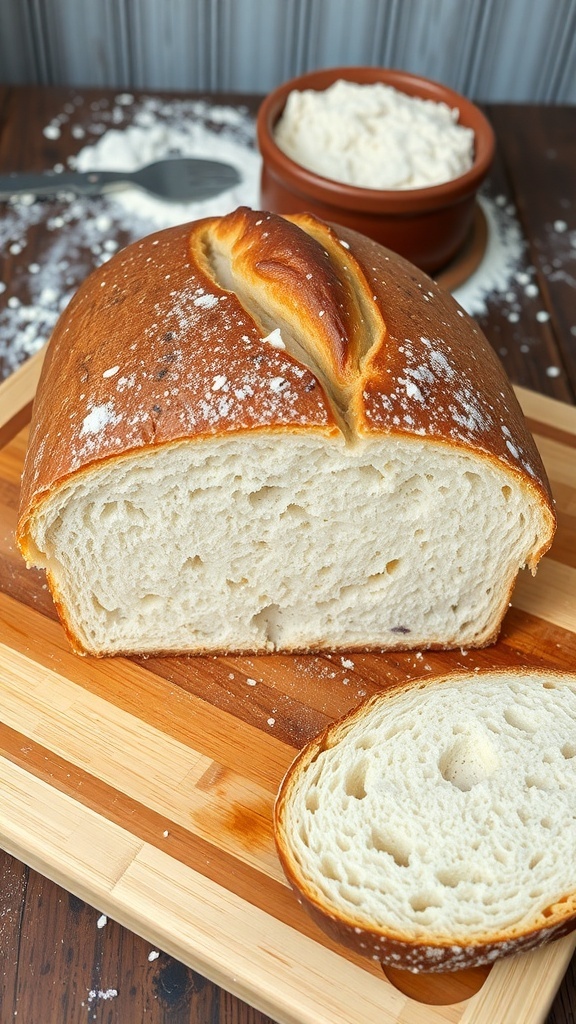 Homemade Sourdough Bread Recipe A rustic loaf of sourdough bread on a cutting board, with a slice revealing its airy crumb.